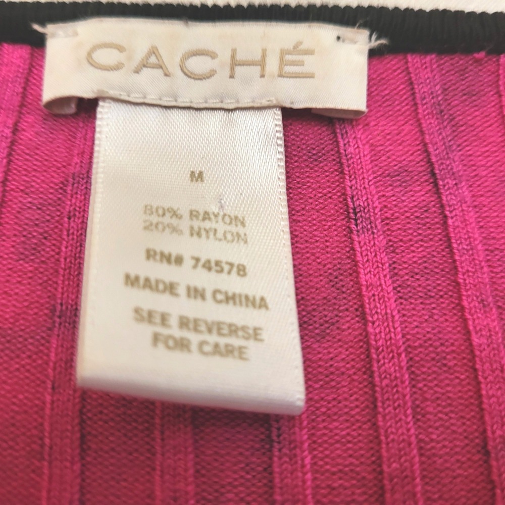 VTG Y2K Cache Fuchsia Black Abstract Ribbed Knit Slim Fit Full Zip Sweater M - Picture 5 of 7